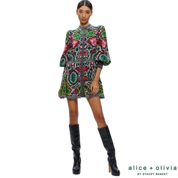 Alice + Olivia Bertha Blouson Sleeve Mini Dress in Monarch Black Print - Picture 3 of 8